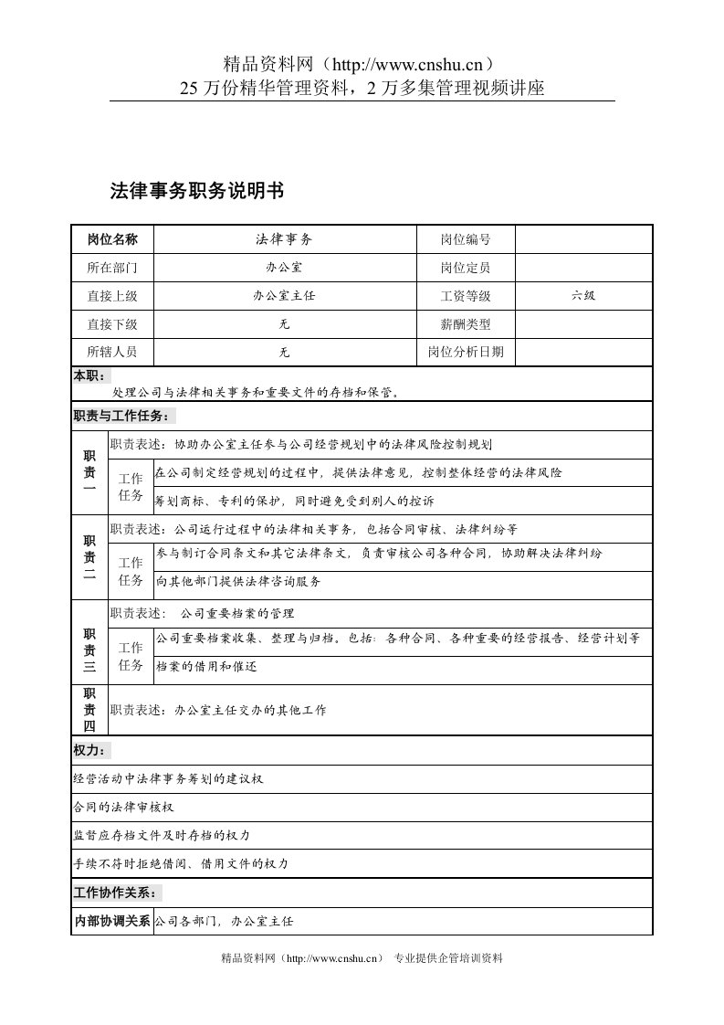 宁波华能贸易公司办公室法律事务职务说明书