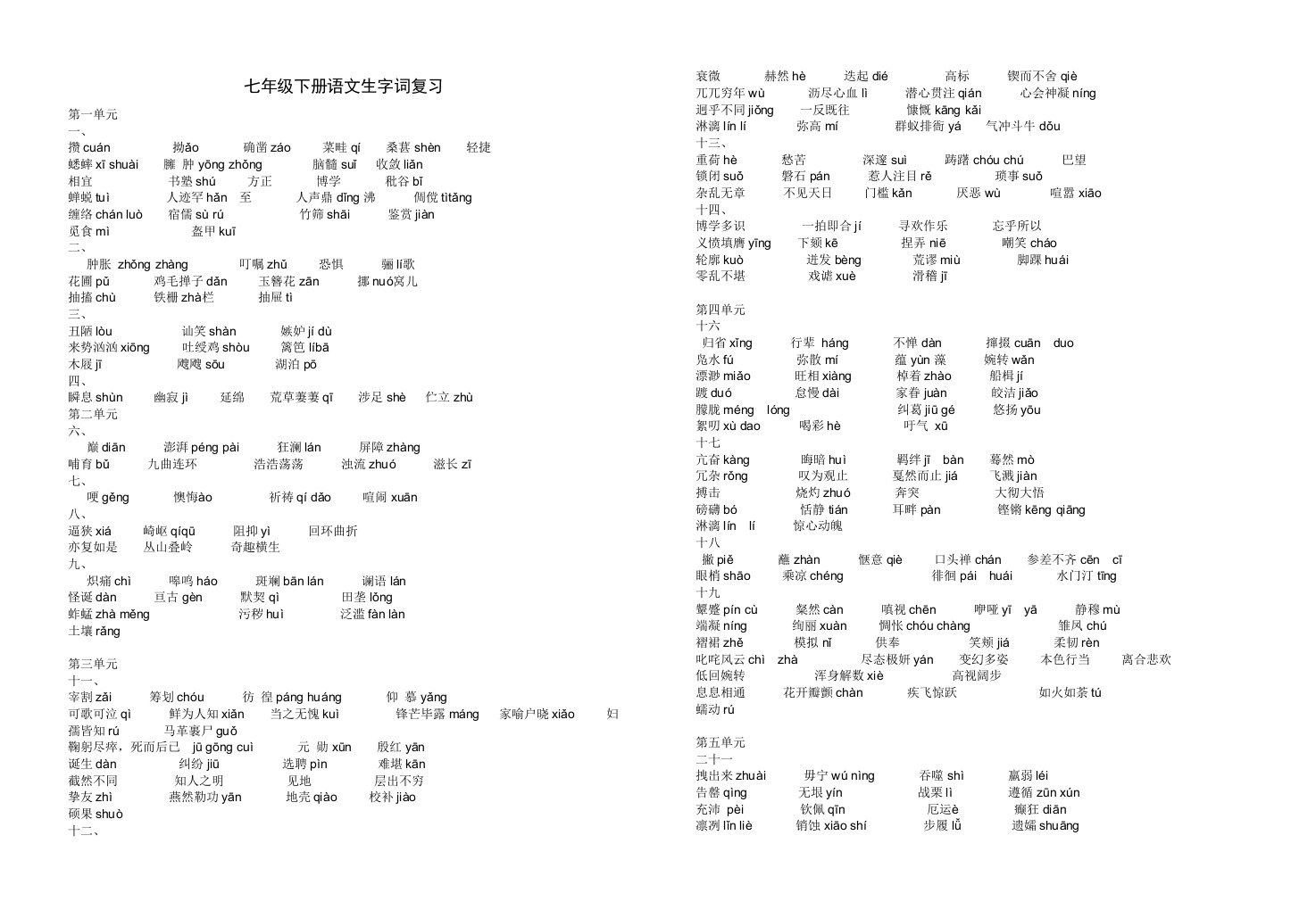 七年级下册语文生字词复习