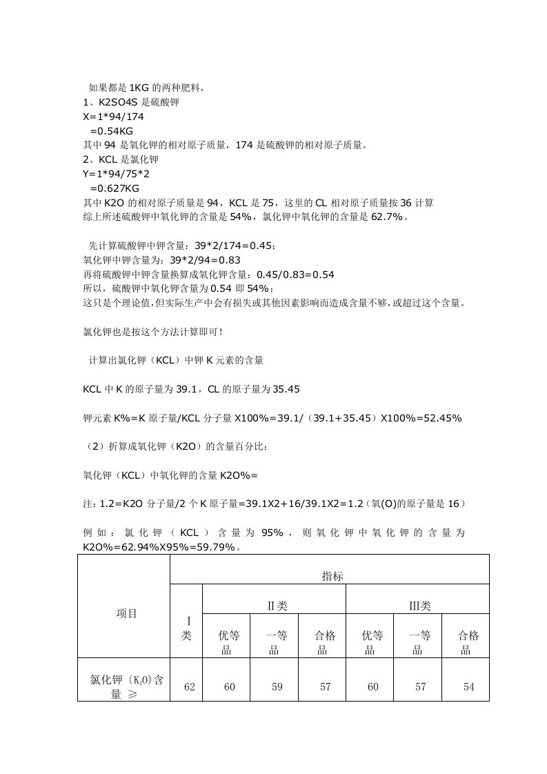 氯化钾含量折为氧化钾含量计算