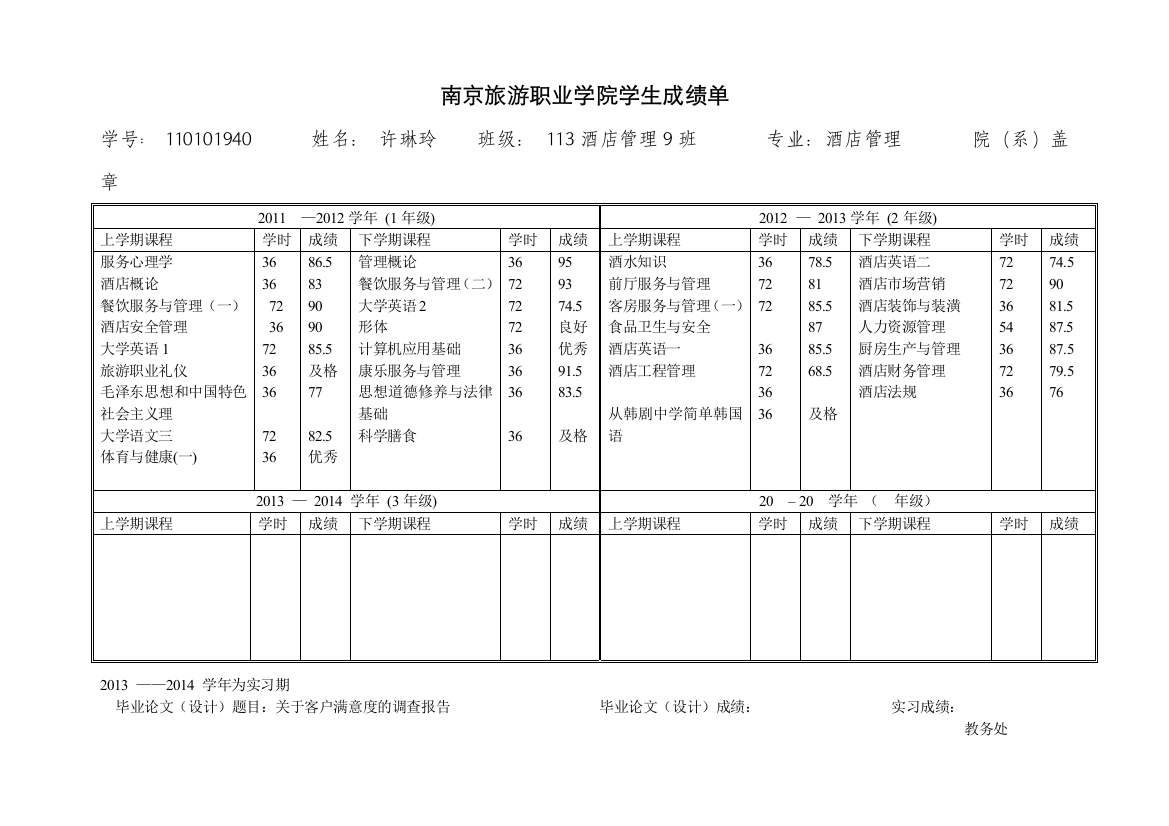 成绩单模板