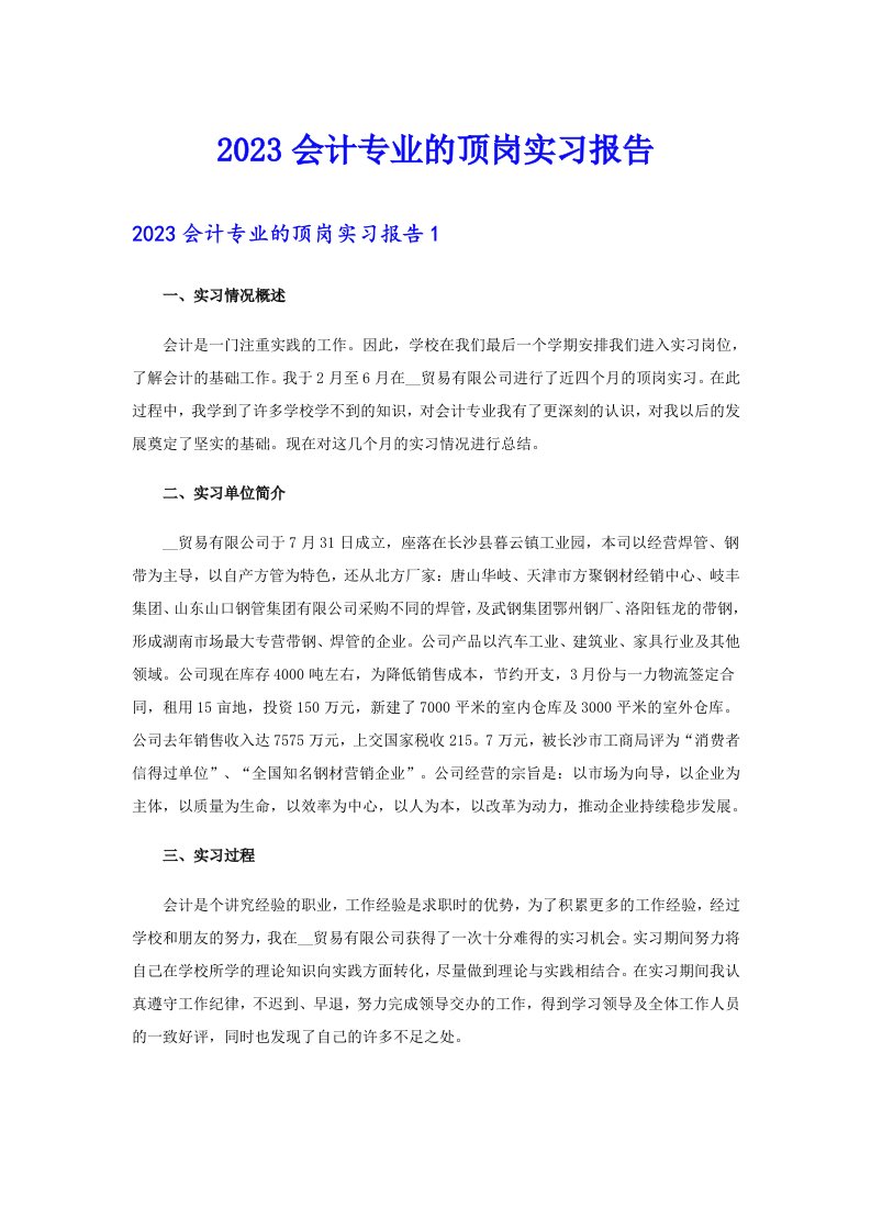 （可编辑）2023会计专业的顶岗实习报告