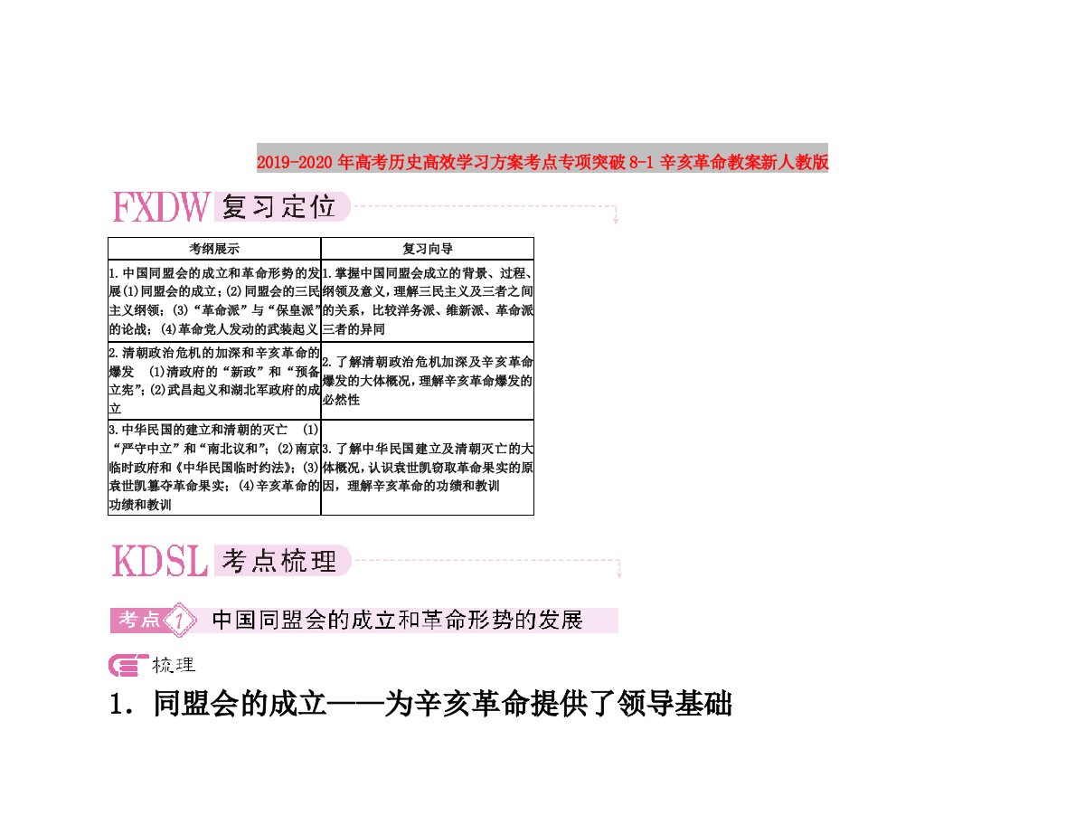 2019-2020年高考历史高效学习方案考点专项突破8-1辛亥革命教案新人教版