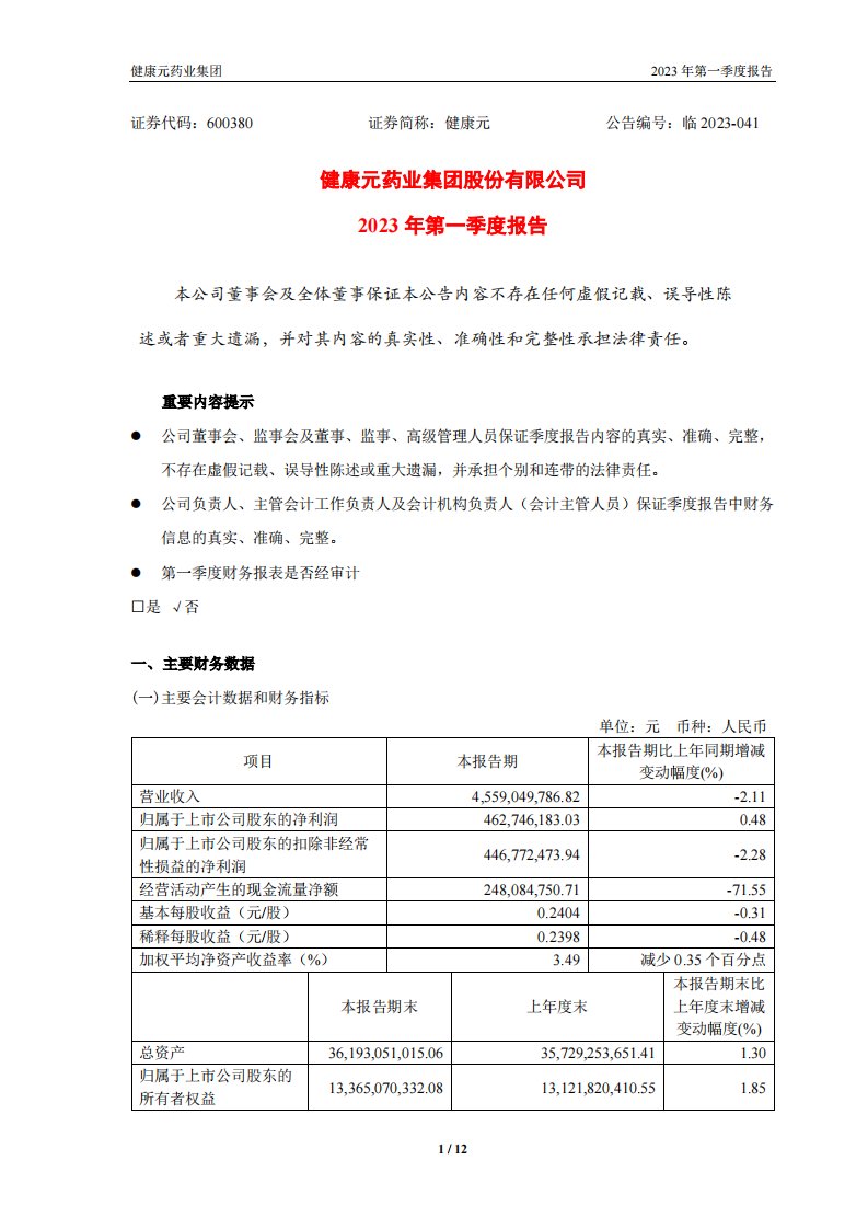 上交所-健康元药业集团股份有限公司2023年第一季度报告-20230424