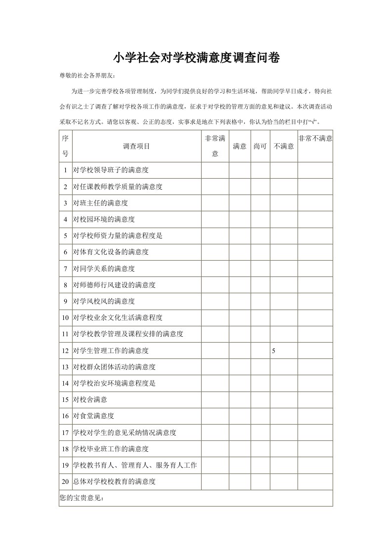 社会对学校满意度调查问卷