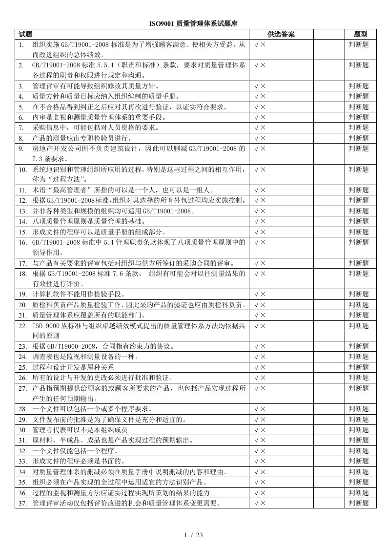 QMS-iso9001质量管理体系试题题集