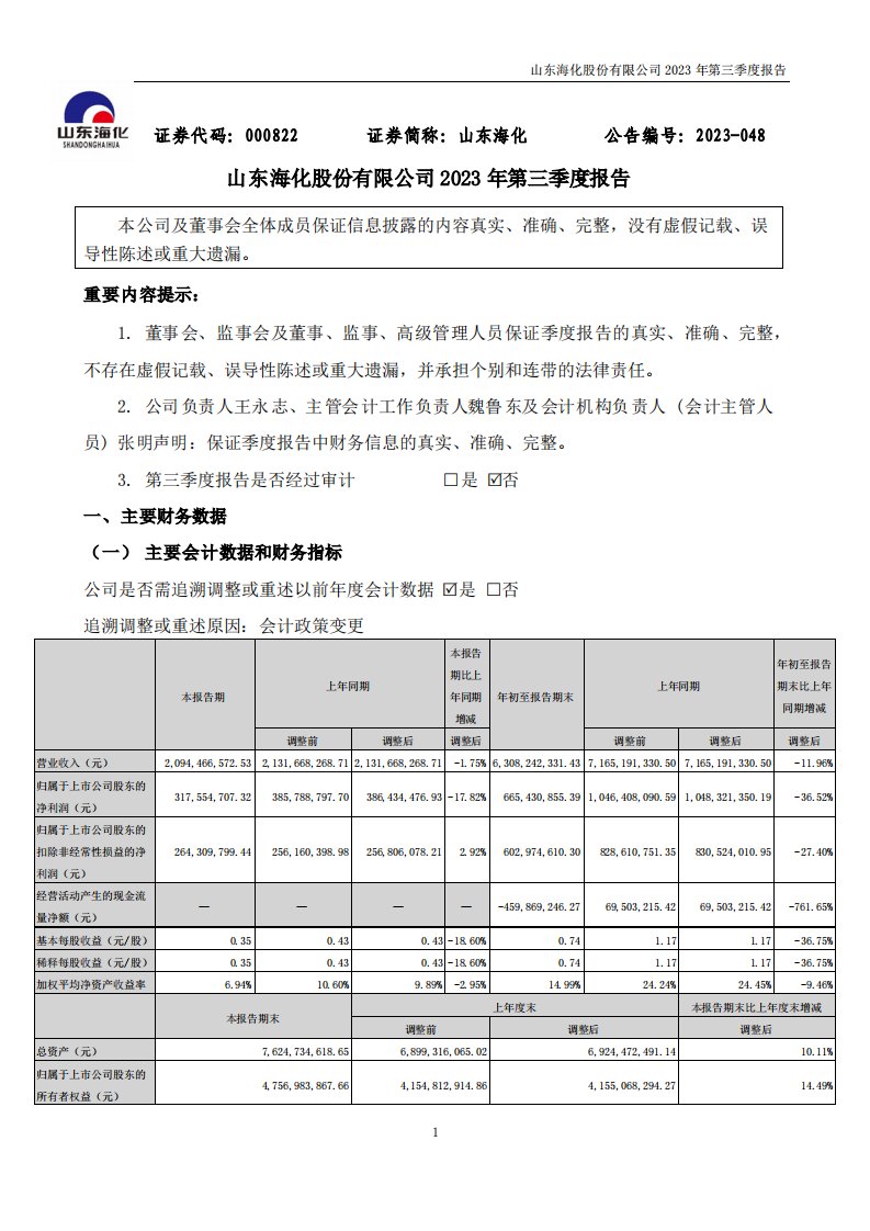 深交所-山东海化：2023年三季度报告-20231027