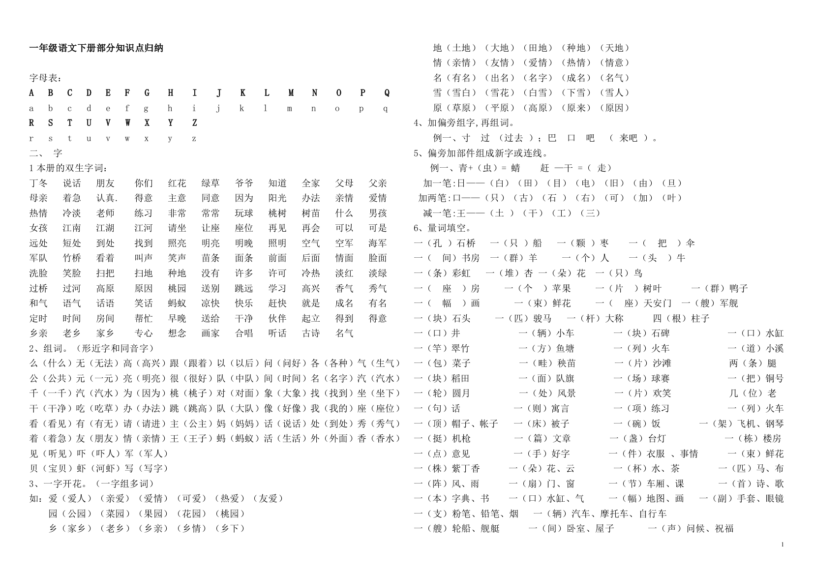 人教版2014小学一年级下册语文全册基础知识点汇总