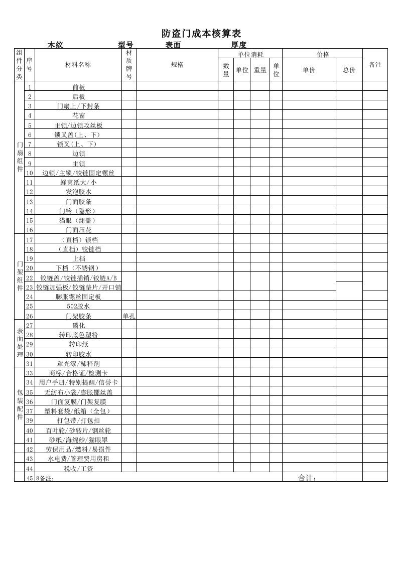 防盗门成本核算表格