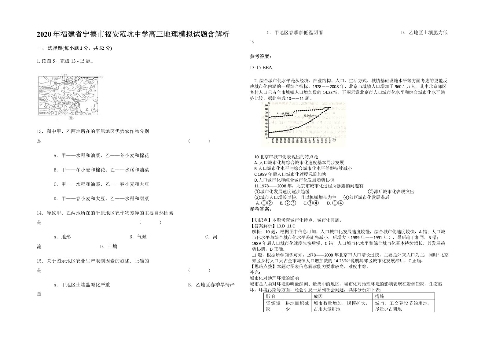 2020年福建省宁德市福安范坑中学高三地理模拟试题含解析