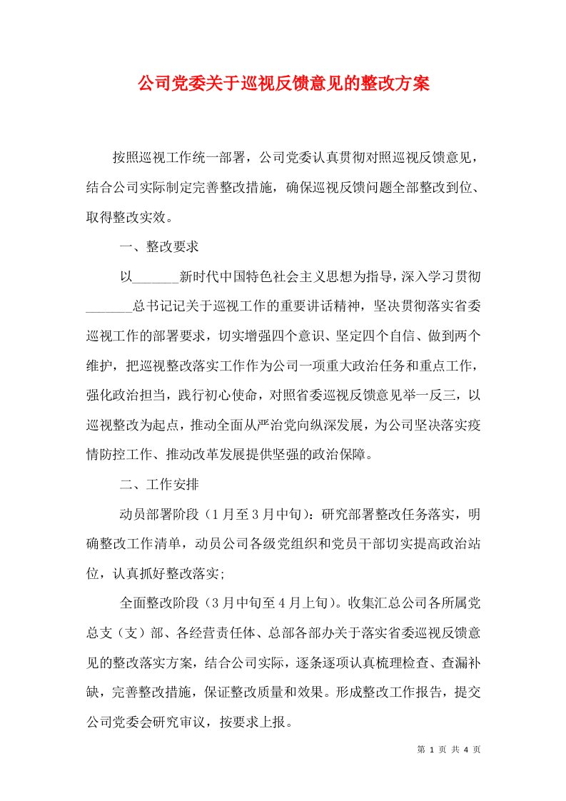 公司党委关于巡视反馈意见的整改方案