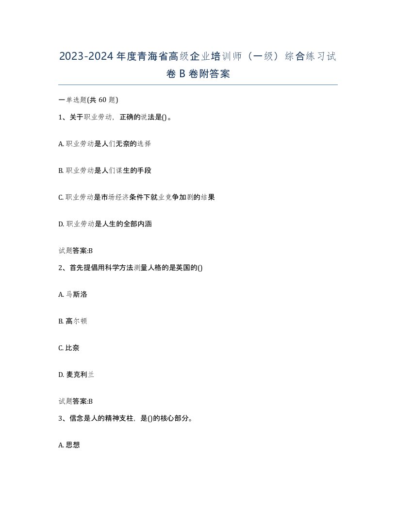 2023-2024年度青海省高级企业培训师一级综合练习试卷B卷附答案