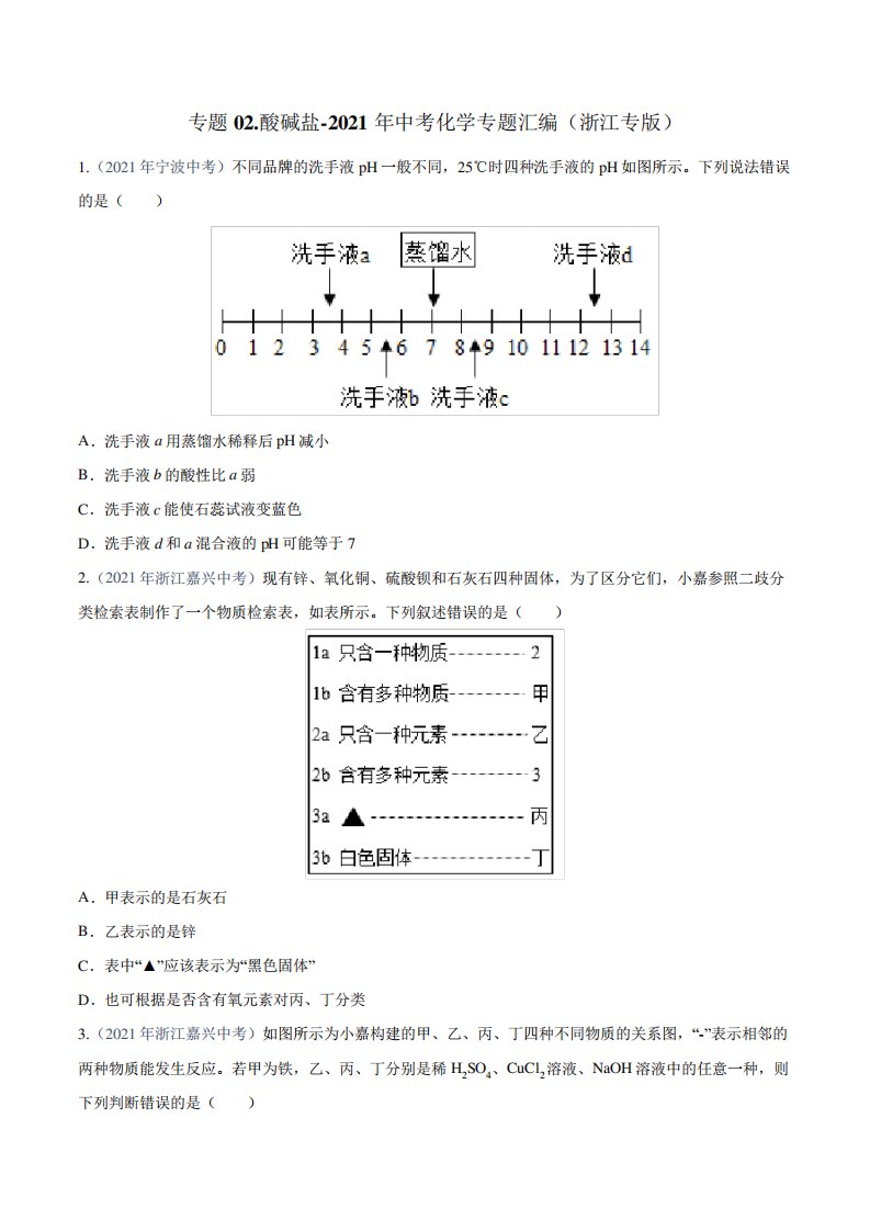 专题酸碱盐中考化学真题分项汇编(浙江专用)(原卷)