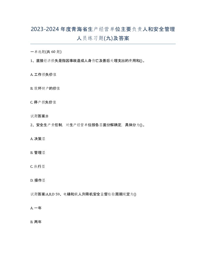 20232024年度青海省生产经营单位主要负责人和安全管理人员练习题九及答案