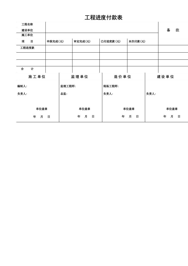 工程进度付款样表