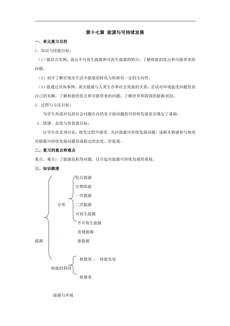 人教版物理第十七章《能源与可持续发展》单元2