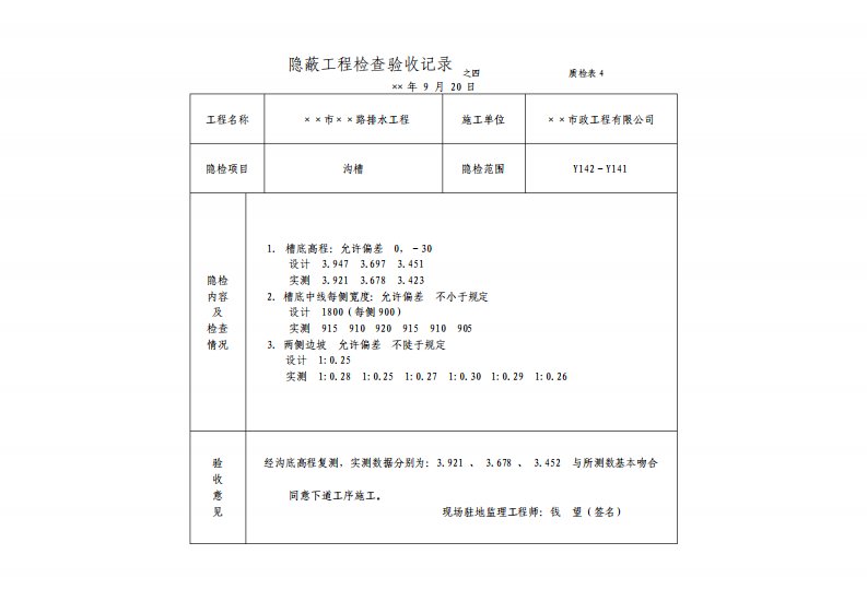 隐蔽工程检查验收记录之四质检表4