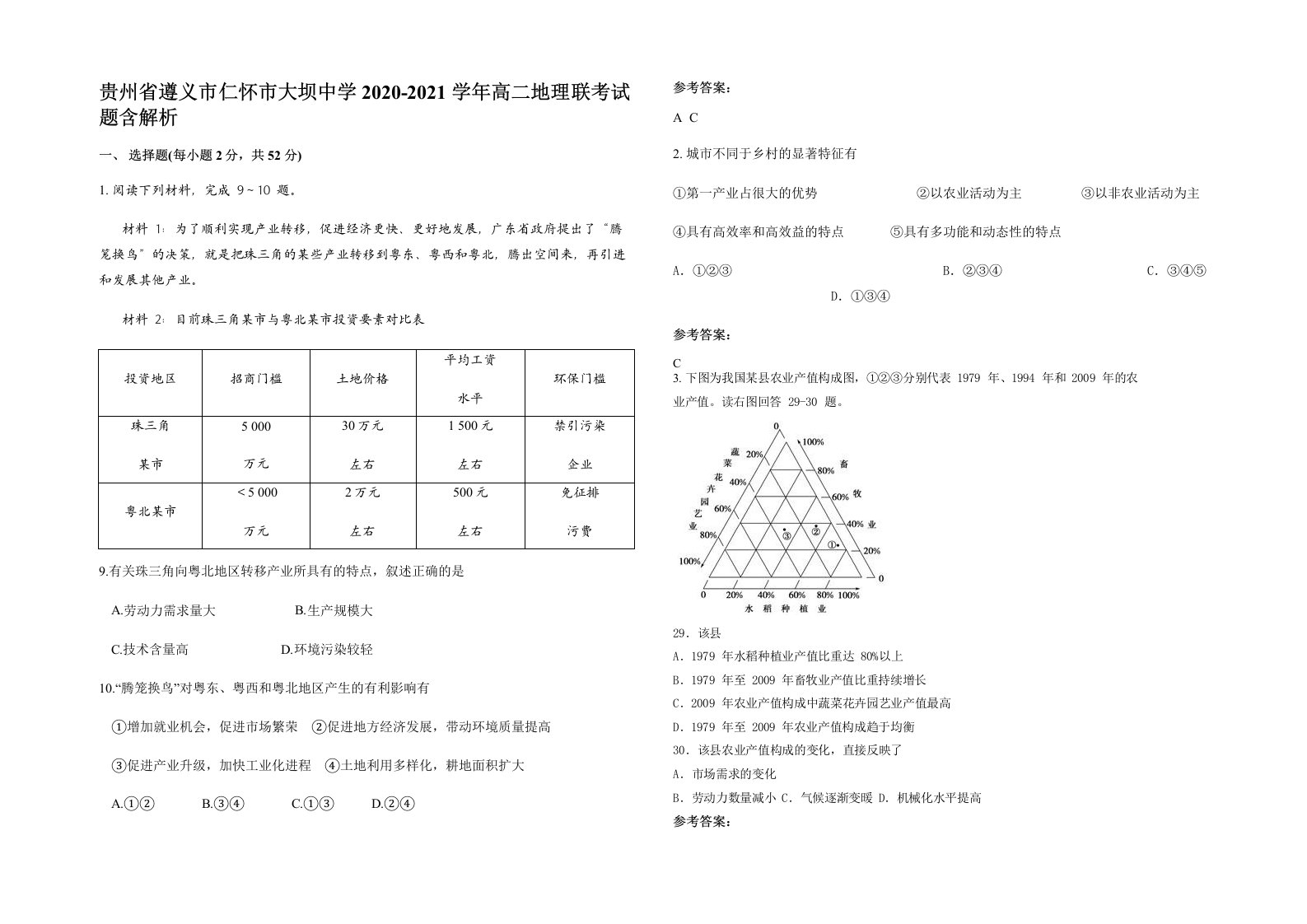 贵州省遵义市仁怀市大坝中学2020-2021学年高二地理联考试题含解析