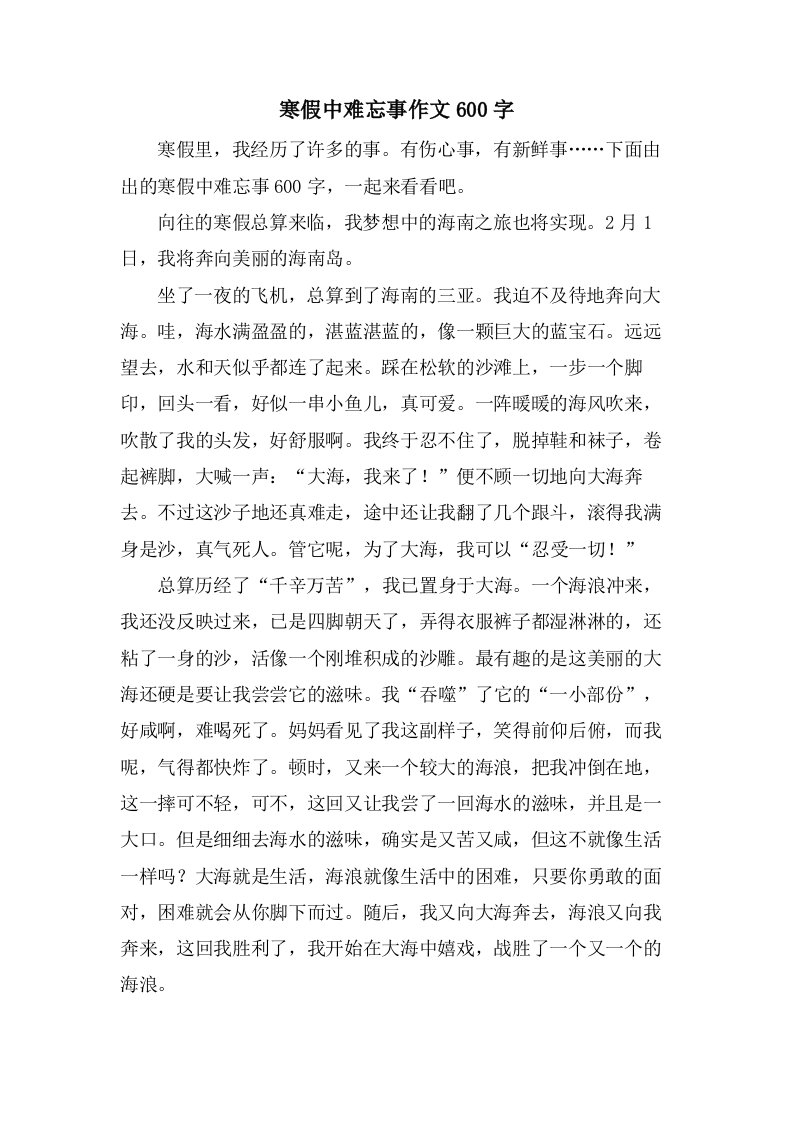 寒假中难忘事作文600字