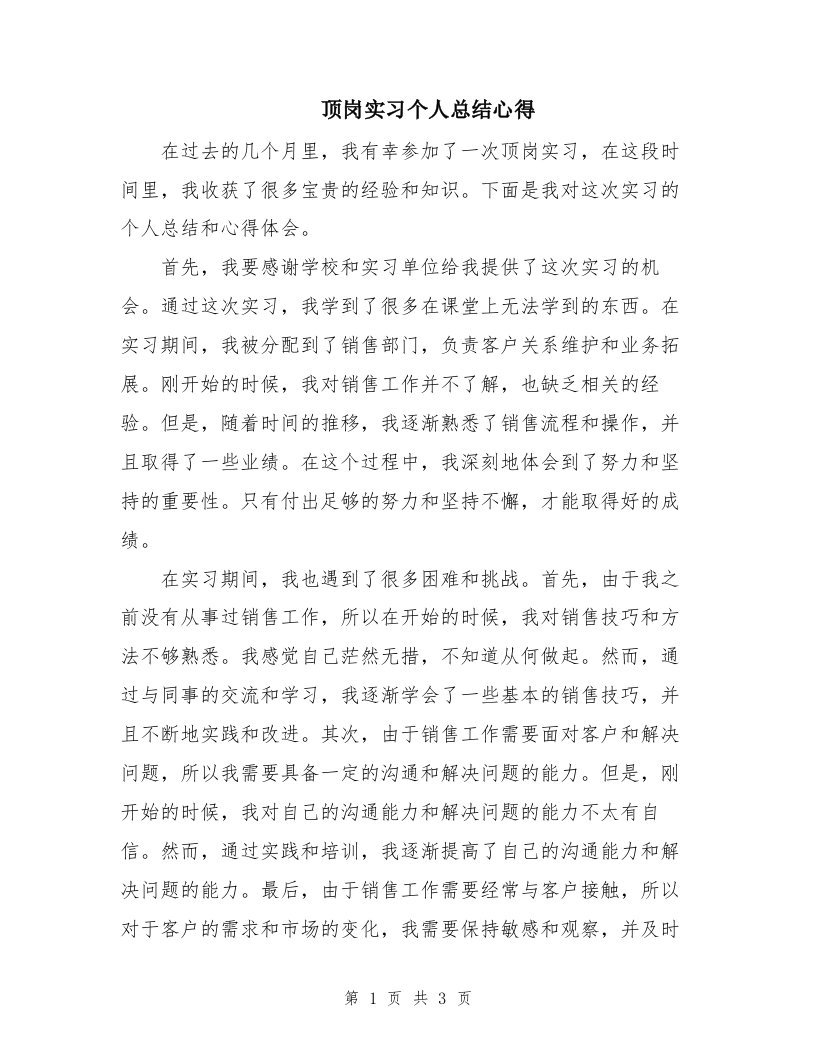 顶岗实习个人总结心得