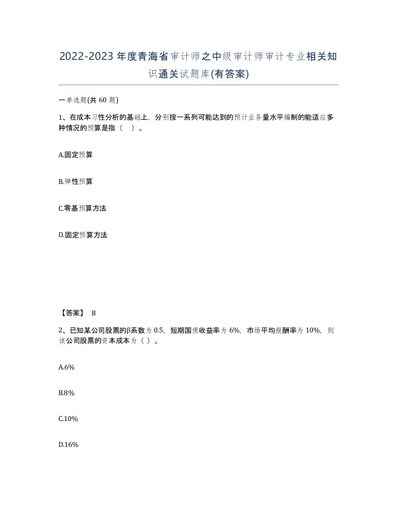 2022-2023年度青海省审计师之中级审计师审计专业相关知识通关试题库有答案