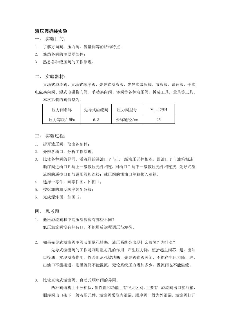 液压阀拆装实验报告