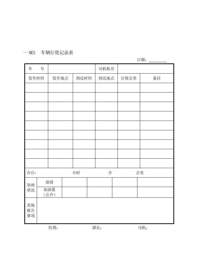 车辆行使记录表与申请单