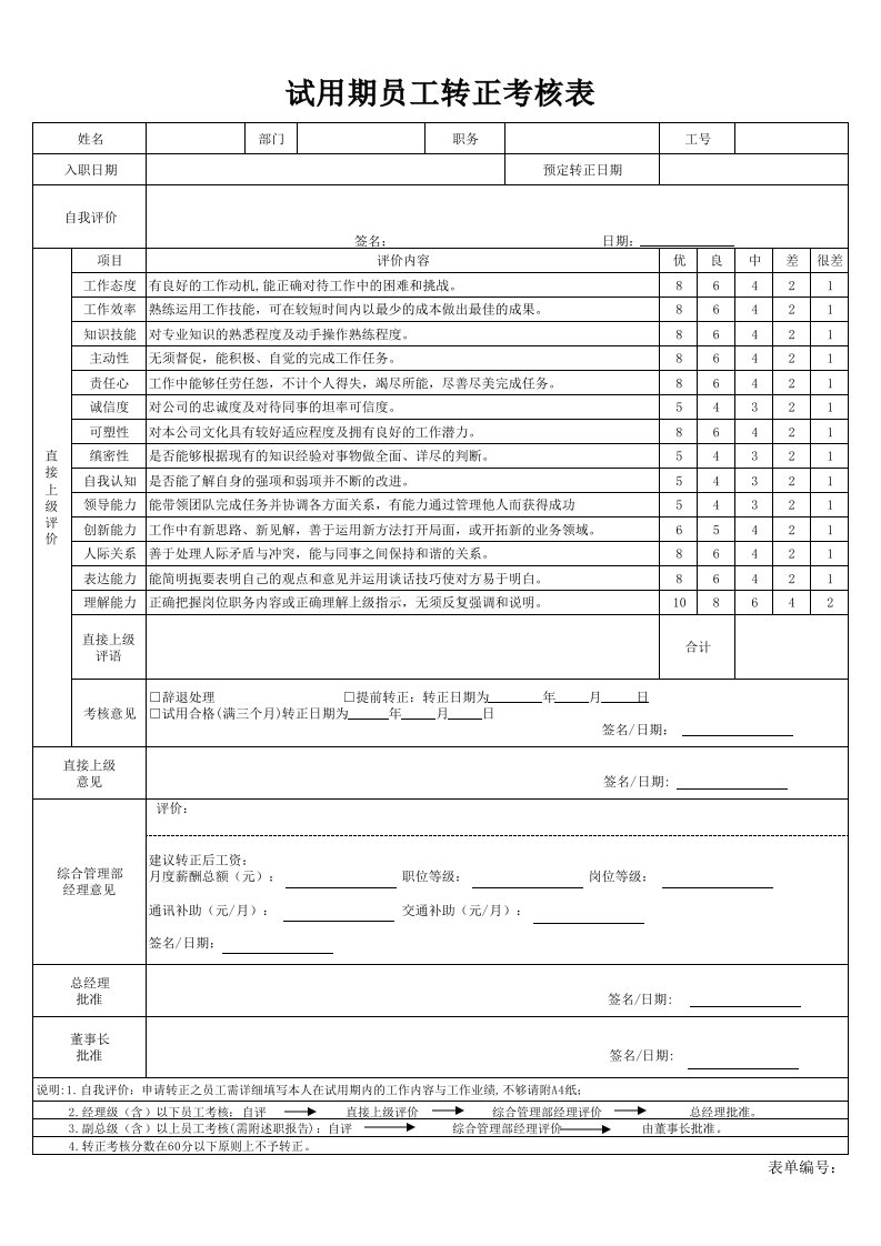 试用期员工转正考核表