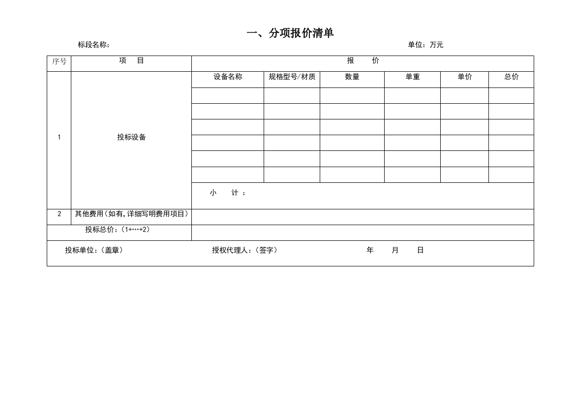 投标商务偏差-技术偏差表-分项报价清单