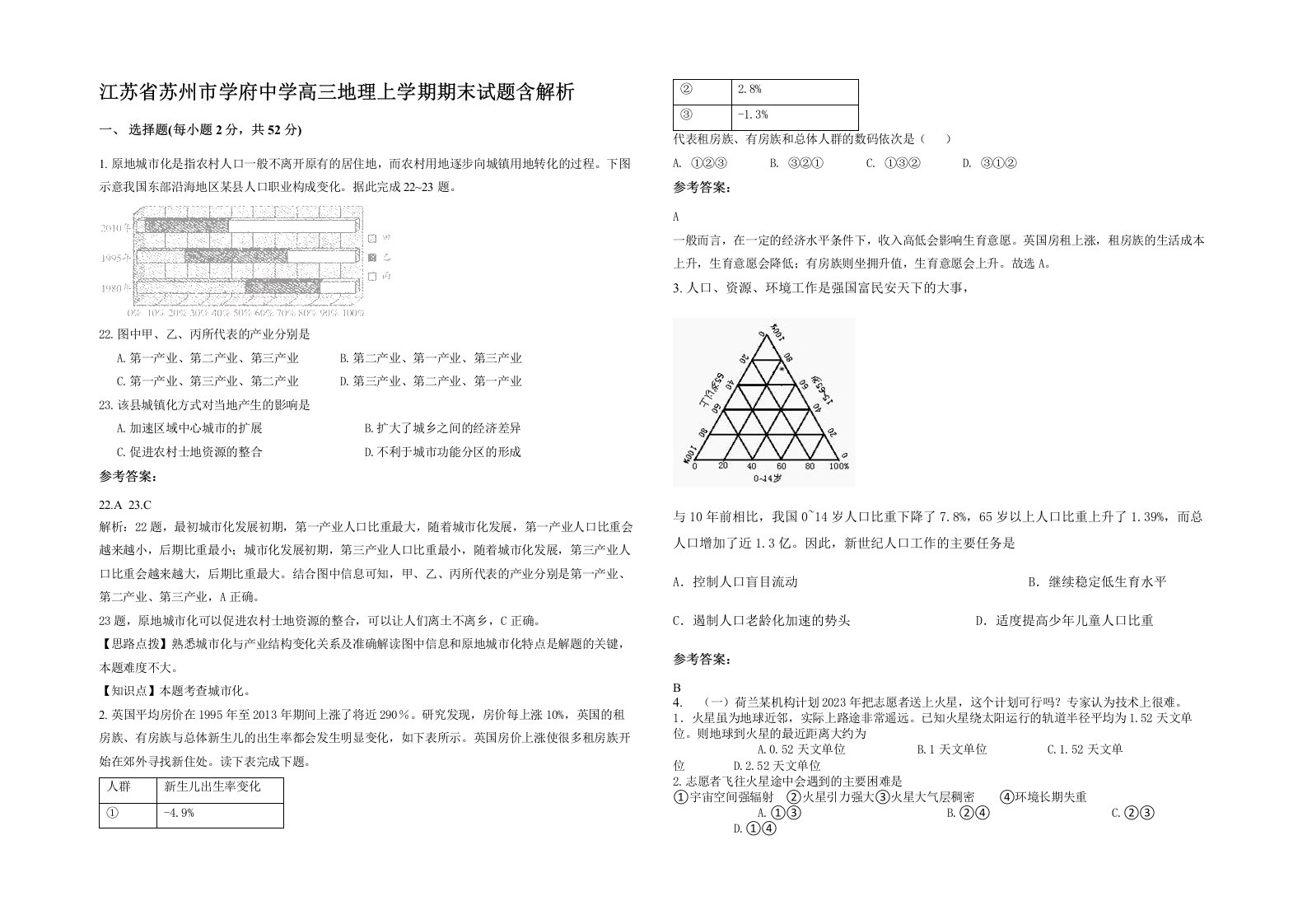 江苏省苏州市学府中学高三地理上学期期末试题含解析