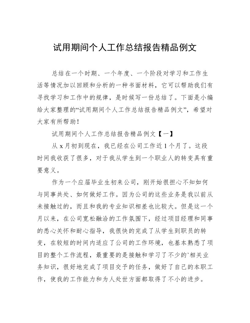 试用期间个人工作总结报告精品例文