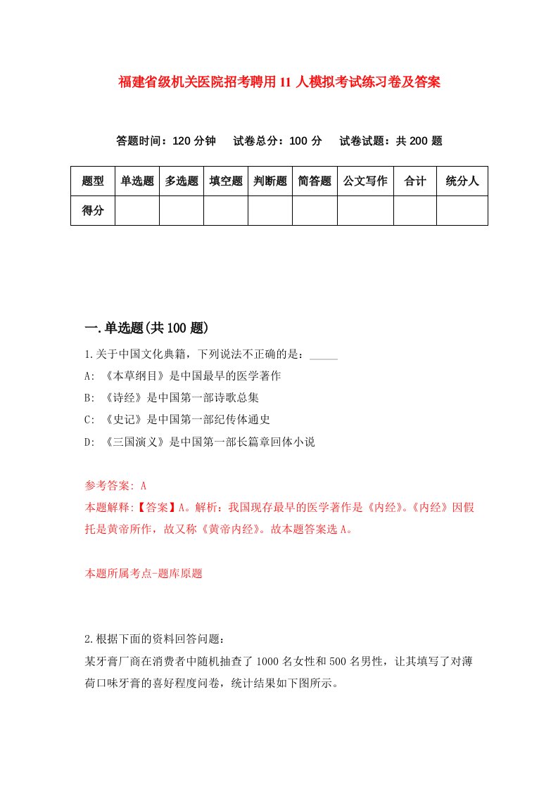 福建省级机关医院招考聘用11人模拟考试练习卷及答案第6卷