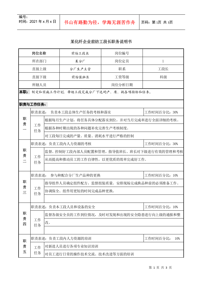 某化纤企业前纺工段长职务说明书