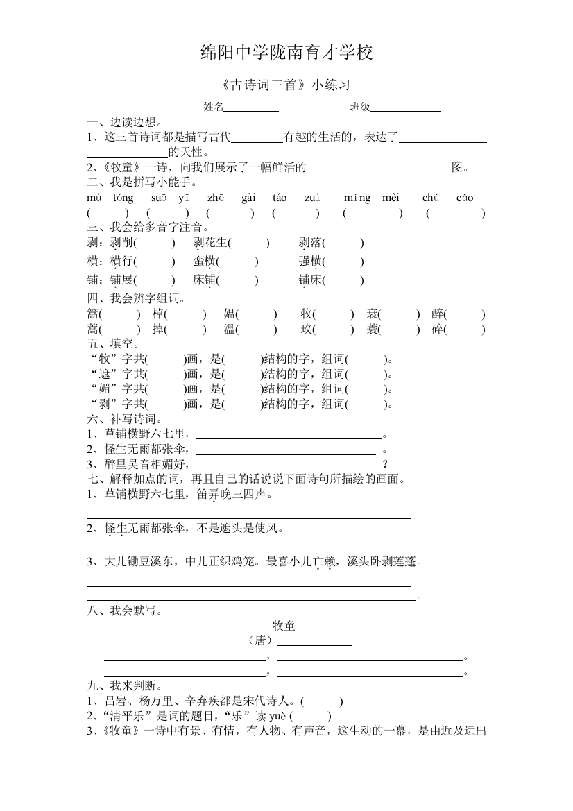 小学五年级下册古诗三首练习题