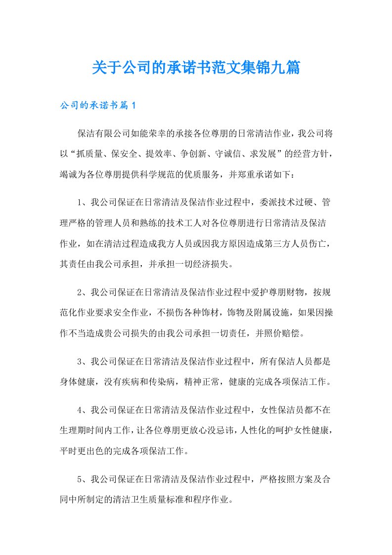 关于公司的承诺书范文集锦九篇