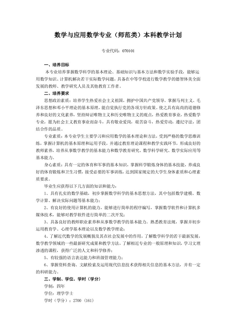 数学与应用数学专业(师范类)本科教学计划