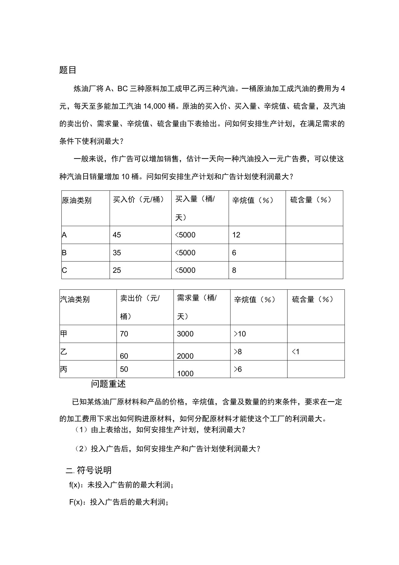 三种原油加工成三种汽油的问题