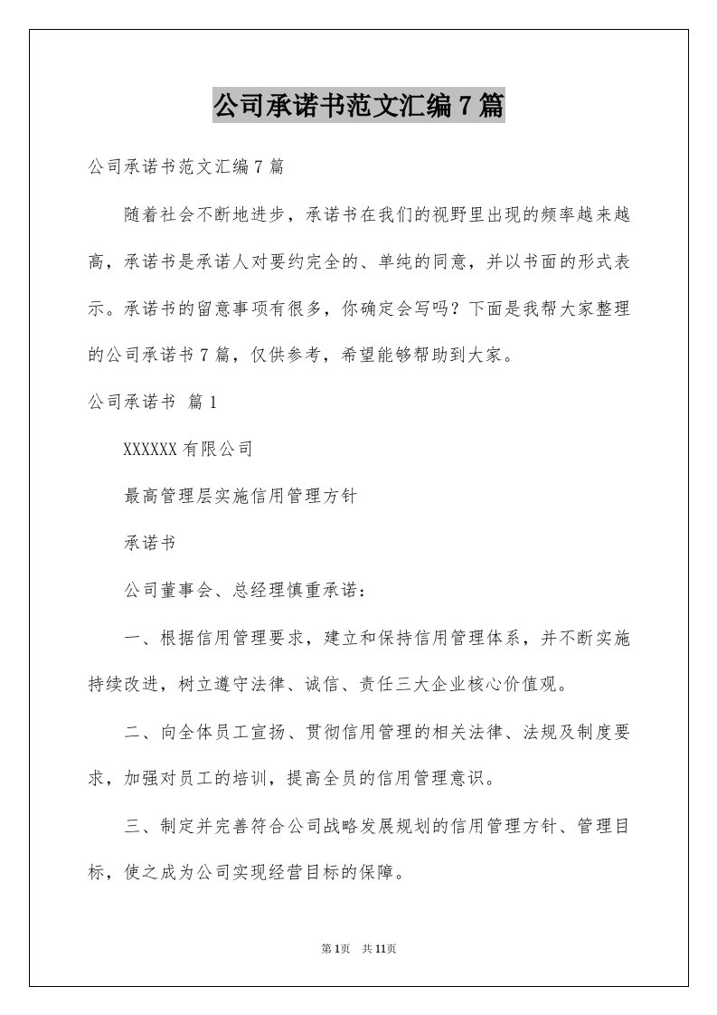 公司承诺书范文汇编7篇