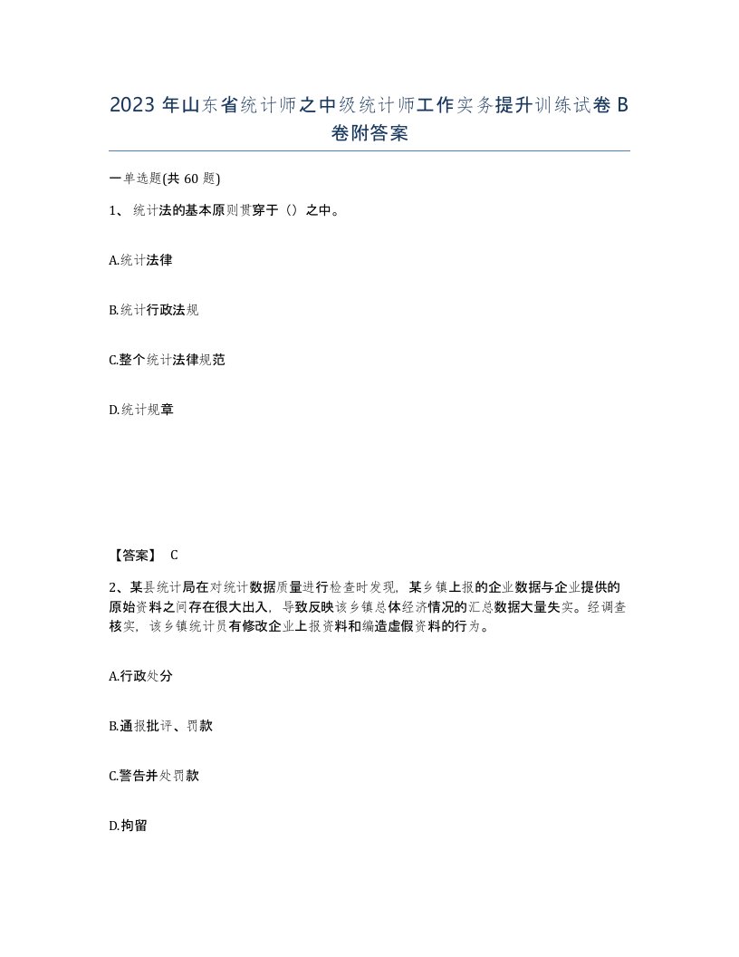 2023年山东省统计师之中级统计师工作实务提升训练试卷B卷附答案