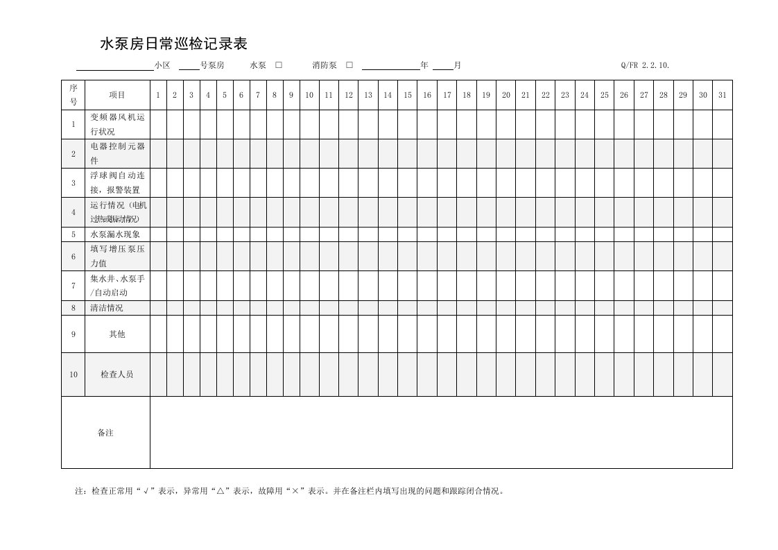 水泵房日常巡检记录表