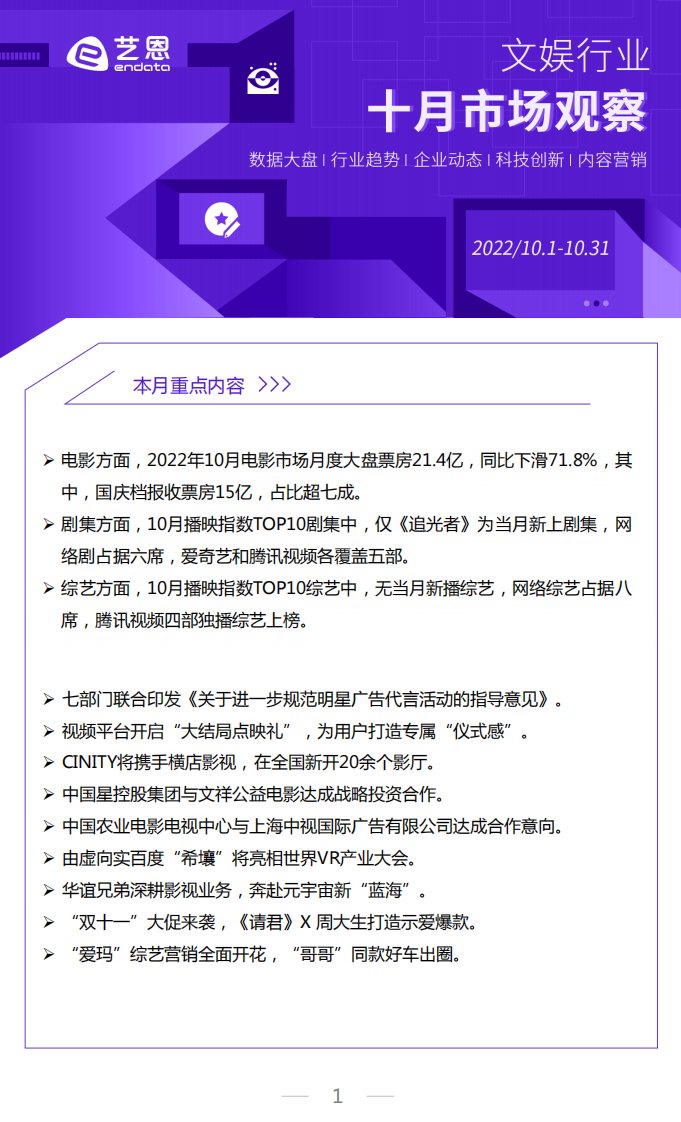 艺恩-10月文娱市场月报-20221102