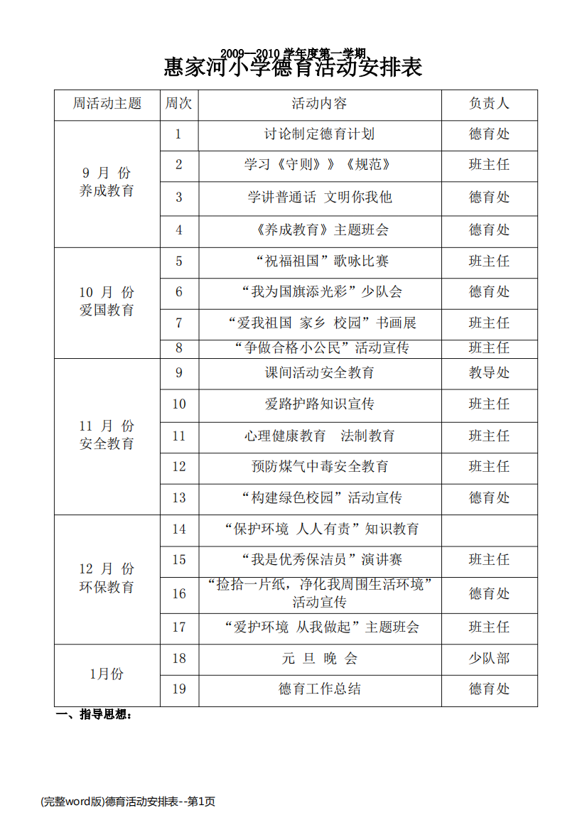 (完整word版)德育活动安排表