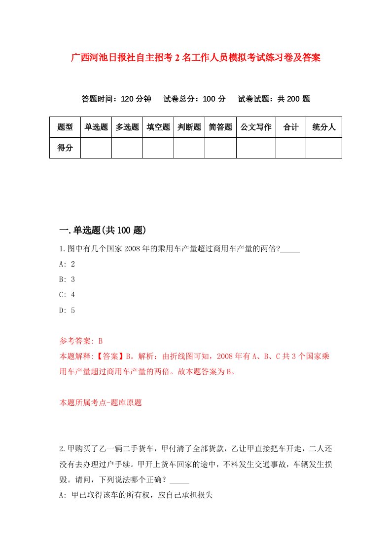 广西河池日报社自主招考2名工作人员模拟考试练习卷及答案第2套