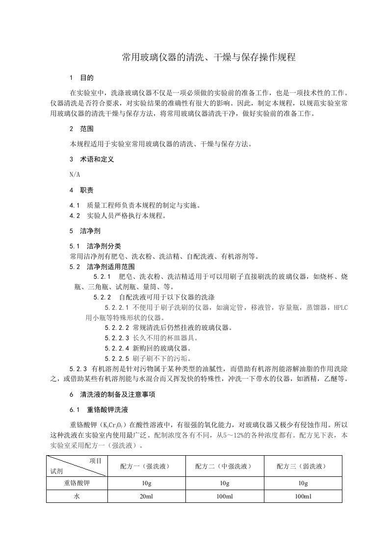 实验室常用玻璃仪器清洗、干燥、保存操作规程