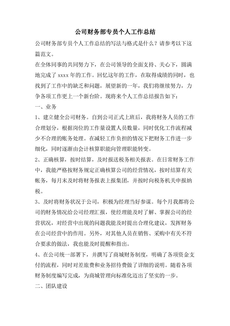 公司财务部专员个人工作总结