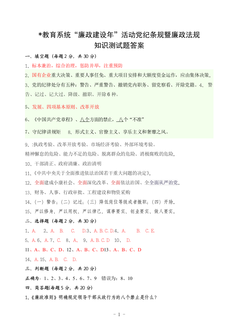 党风廉政建设测试题答案