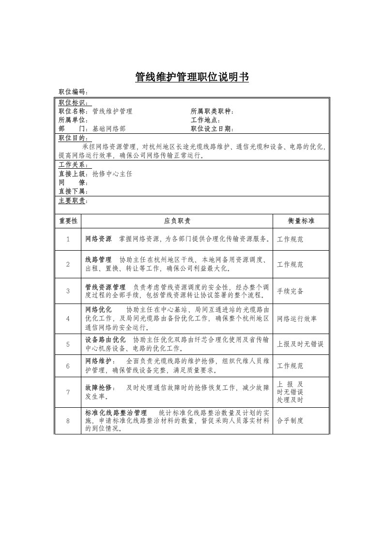 基础网络部管线维护管理岗位描述