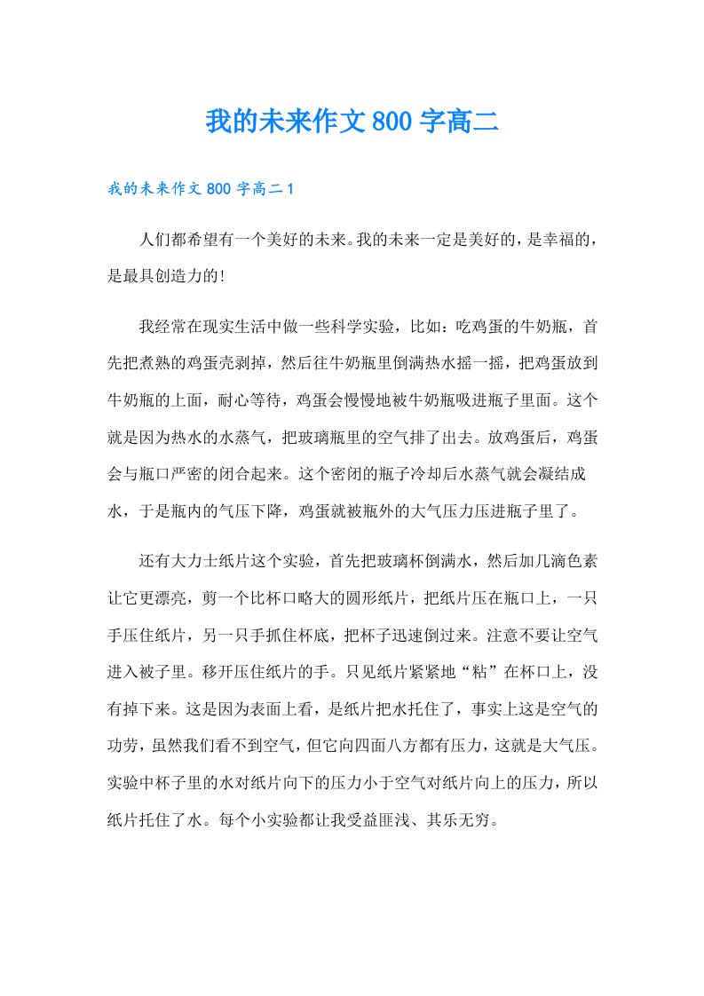 我的未来作文800字高二