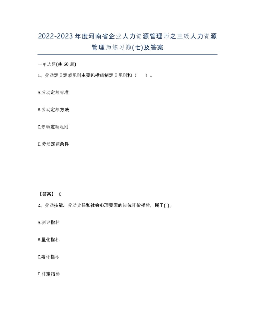 2022-2023年度河南省企业人力资源管理师之三级人力资源管理师练习题七及答案