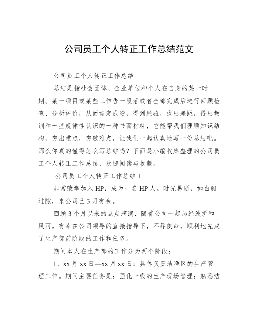 公司员工个人转正工作总结范文