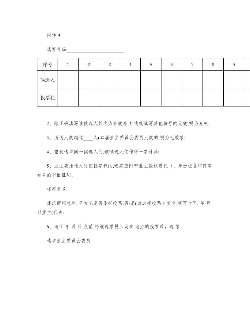 (附件9)业主委员会委员选票格式样本